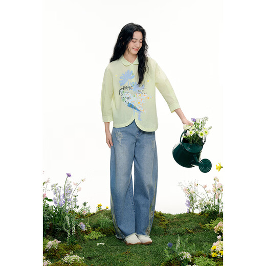 Birds and New Wine 2026 Spring New Lapel Design Fashionable Printed Three Quarter Sleeve Shirt Tops for Women Light Green HCG02 S