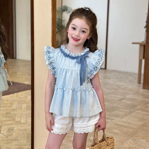 Gardenia's Growth Notes Children's Clothing Girls' Sweet and Gentle Lace Shirt 2026 Spring Children's Embroidered Ruffle Top Blue Shirt 130 cm