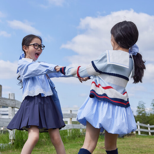 EP YAYING (EP YAYING) Shopping mall same style EP Yaying children's clothing 2026 spring girls new lace splicing hem long-sleeved shirt casual style blue 150