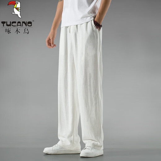 Woodpecker linen casual pants men's summer thin breathable cotton and linen straight wide-leg pants loose and versatile trousers apricot XL