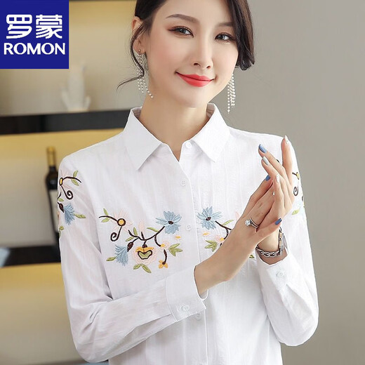 ROMON cotton embroidered shirt 2026 spring and summer new white versatile top embroidered temperament long-sleeved shirt for women white S recommended 75-95Jin Jin equals 0.5 kg