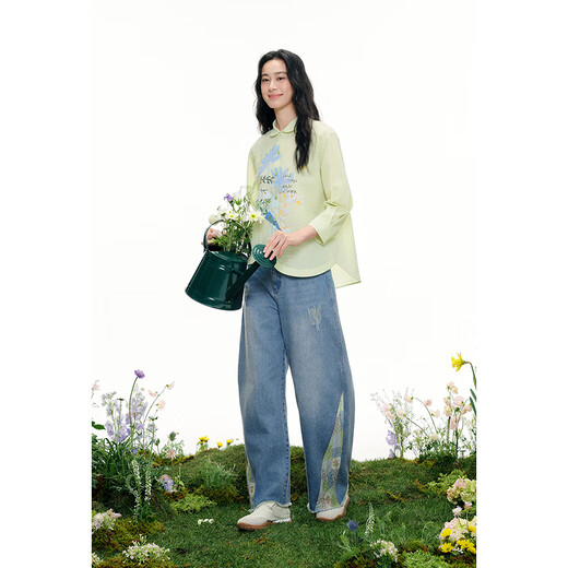 Birds and New Wine 2026 Spring New Lapel Design Fashionable Printed Three Quarter Sleeve Shirt Tops for Women Light Green HCG02 S