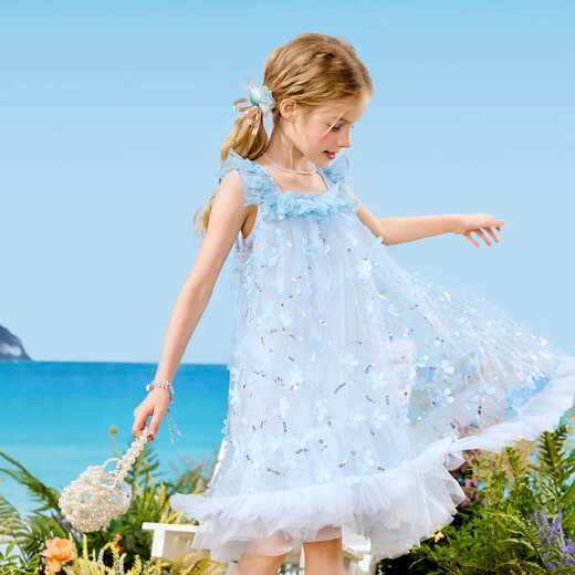 ASK JUNIOR Heavy Industry Three-dimensional Flower Children's Skirt Summer Suspender Skirt Girls Large Mesh Princess Skirt Dress Blue 160