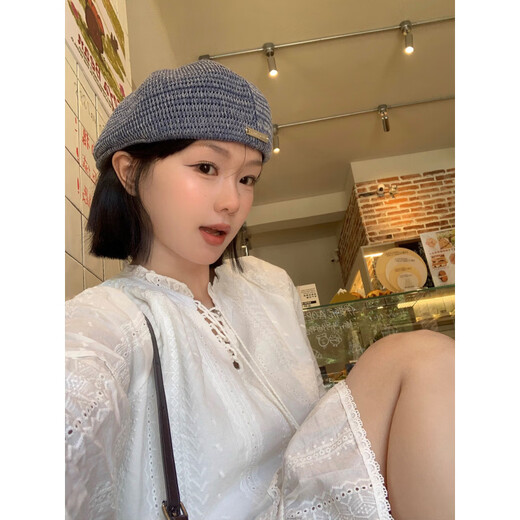 Xiaohongshu Korean-style retro hollow knitted beret for women with big head and face, small literary and versatile art reverse blue M (5658cm)