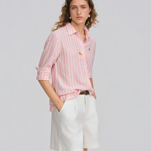 POLOWALK Women's Long Sleeve Shirt 2026 Spring New Contrast Stripe Lapel Commuting Casual Long Sleeve Shirt Pink S S