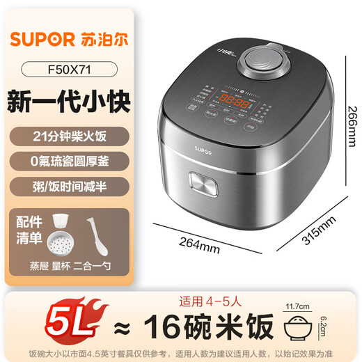 SUPOR rice cooker 5 liters large capacity 4-5 people 0 fluorine glazed porcelain round thick kettle liner household non-stick firewood rice multi-function micro-pressure smart rice cooker small fast series F50X71