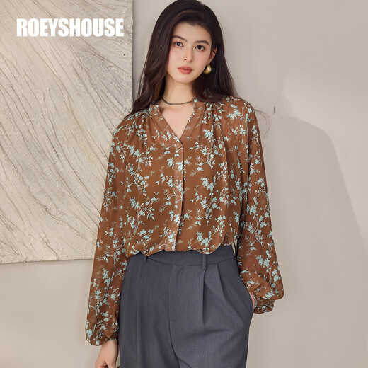 ROEYSHOUSE French retro floral V-neck chiffon shirt for women spring gentle lantern sleeves loose slimming top 13452 color S