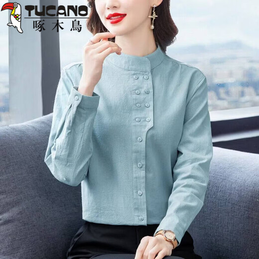 Woodpecker (TUCANO) pure cotton long-sleeved shirt for women Spring and Autumn 2026 New Large Size Western Feminine Shirt Middle-aged Mom Top Picture Color M 80-95Jin Jin is equal to 0.5 kg