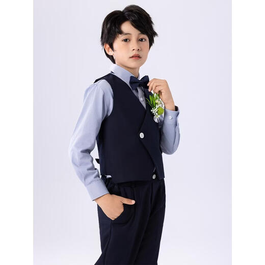 WVD children's piano performance suit boy dress flower girl dress birthday suit British style small host suit suspender style four-piece set - suspender + blue long sleeve + hidden e 130 CM