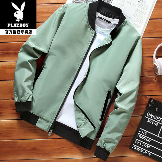 Playboy (PLAYBOY) Men's Casual Jacket 2026 Spring and Autumn New Stand Collar High-end Trendy Baseball Uniform Short Version Windbreaker Men's Small Square Bean Green M Recommended 80-95Jin Jin is equal to about 0.5 kg