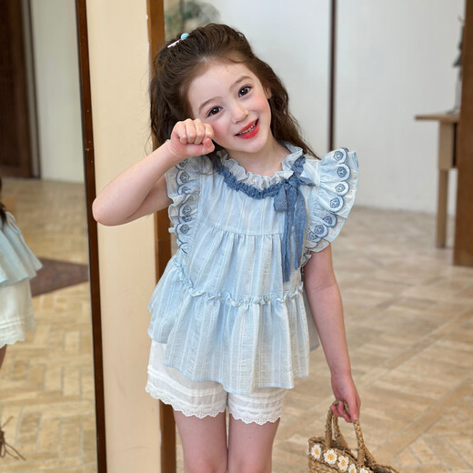 Gardenia's Growth Notes Children's Clothing Girls' Sweet and Gentle Lace Shirt 2026 Spring Children's Embroidered Ruffle Top Blue Shirt 130 cm