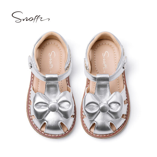 Snuffy Girls Sandals Girls Summer New Silver Princess Bow Breathable Anti-Slip Baby Toe Sandals Dolphin Silver 28