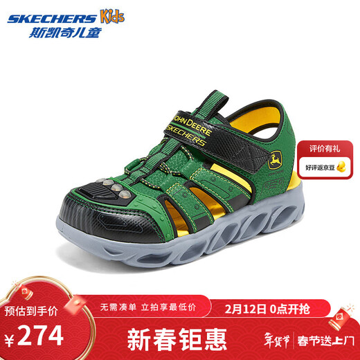 Skechers John Deere co-branded children's summer LED flashing breathable cool toe sandals 407070L green/black/GNBK 36