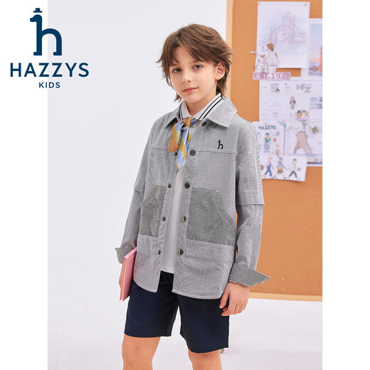HAZZYS children's clothing boys' shirts 2026 spring new woven thin denim casual long-sleeved tops blue and white stripes 165
