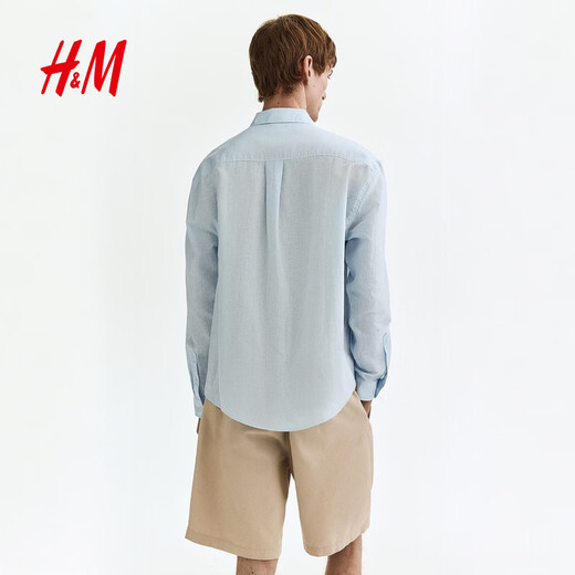 H&M 2026 new spring men's casual fit linen blend shirt 1307417 light blue S 170/92