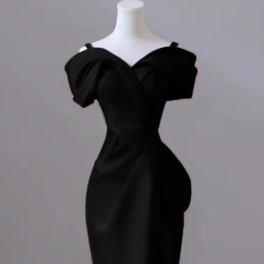 UKUHPK one-shoulder black evening dress 2026 banquet-style fishtail skirt light luxury niche host dress black tail XL