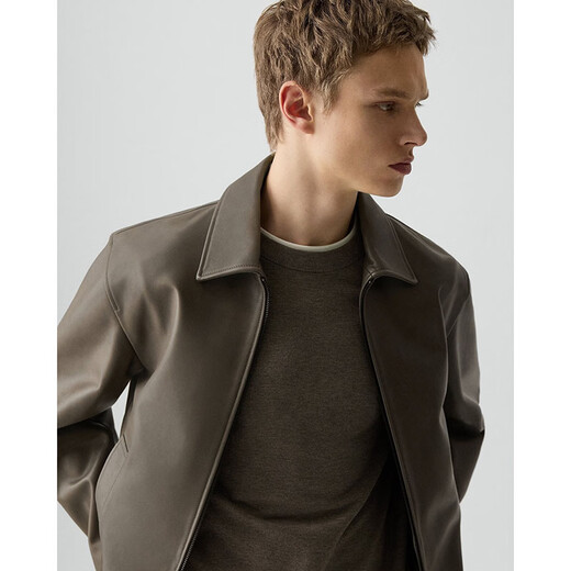 THEORY Men's Wyatt Leather Zip Jacket Simple Business Commuting Casual Leather Jacket Morel Color XS