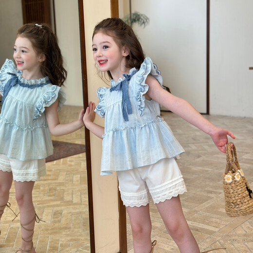 Gardenia's Growth Notes Children's Clothing Girls' Sweet and Gentle Lace Shirt 2026 Spring Children's Embroidered Ruffle Top Blue Shirt 130 cm