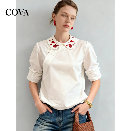 COVA international first-line brand 2026 design new Chinese style national style white long-sleeved shirt embroidery small heavy industry white shirt S