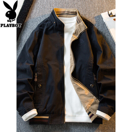 花花公子复古立领猎装夹克男春秋款潮流男士休闲双面穿外套男秋装 军绿/卡其 2XL