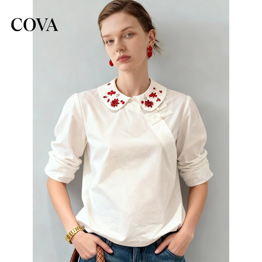 COVA international first-line brand 2026 design new Chinese style national style white long-sleeved shirt embroidery small heavy industry white shirt S