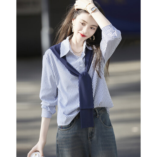 Demana shawl decorative shirt, spring and autumn lapel loose striped long-sleeved off-shoulder shirt for women