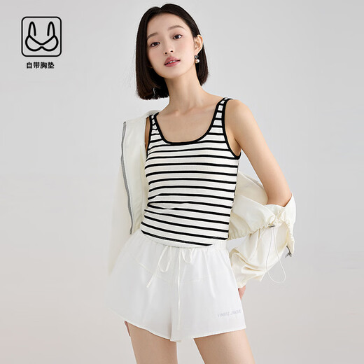 Touch cotton Ovizi beautiful back base tank top with built-in breast pads for women summer short large size ice silk stripes with backless suspenders black S