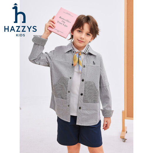 HAZZYS children's clothing boys' shirts 2026 spring new woven thin denim casual long-sleeved tops blue and white stripes 165