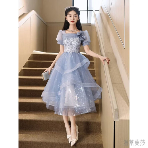 Wenlai Mansha dress, high-end light luxury niche evening dress, high-end adult ceremony dress, host can usually wear art exam dress, blue mid-length M