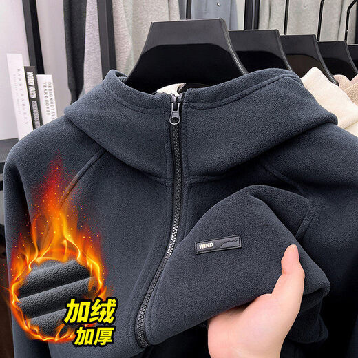 DANCING WOLVES 2025 Winter Men's Plush Polar Fleece Hooded Cardigan Jacket Dark Gray XL