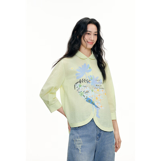 Birds and New Wine 2026 Spring New Lapel Design Fashionable Printed Three Quarter Sleeve Shirt Tops for Women Light Green HCG02 S