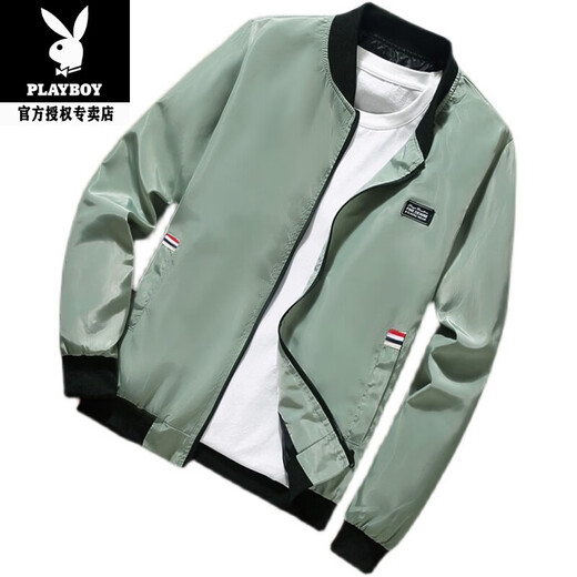 Playboy (PLAYBOY) Men's Casual Jacket 2026 Spring and Autumn New Stand Collar High-end Trendy Baseball Uniform Short Version Windbreaker Men's Small Square Bean Green M Recommended 80-95Jin Jin is equal to about 0.5 kg