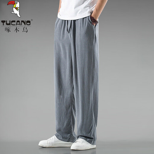 Woodpecker linen casual pants men's summer thin breathable cotton and linen straight wide-leg pants loose and versatile trousers apricot XL