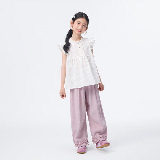 Xiaoyinman children's clothing girls round neck button-down shirt 26 summer children's texture casual breathable top for middle and large children off-white 120