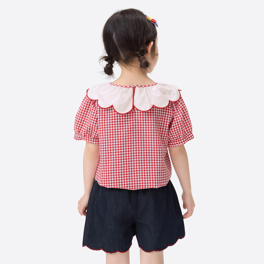 Xiaoyinman children's clothing girls cartoon wave collar shirt breathable 26 years old children's loose casual short-sleeved top red plaid 140