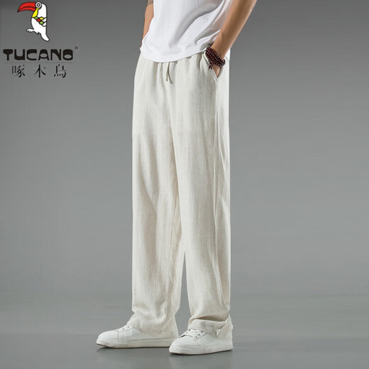 Woodpecker linen casual pants men's summer thin breathable cotton and linen straight wide-leg pants loose and versatile trousers apricot XL