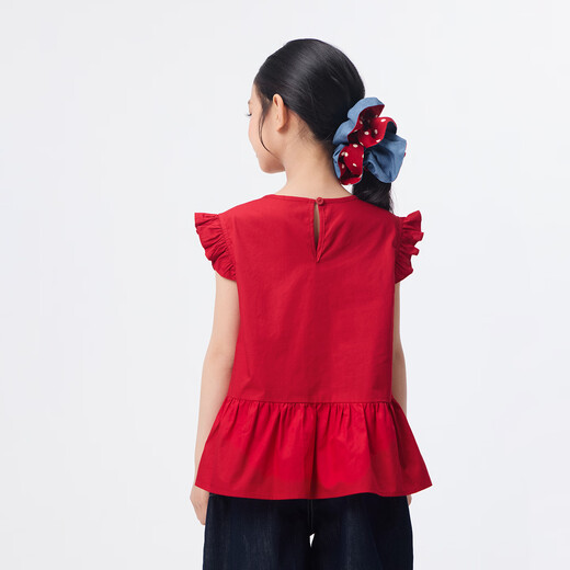 Xiaoyinman children's clothing girls small flying sleeve shirt bow decoration 26 summer children's casual tops for middle and large children red 160