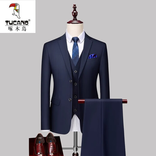 Woodpecker (TUCANO) men's suit business formal wear 2024 spring and autumn new solid color casual high-end suit dress for men 882 navy suit + vest + trousers 175/XL