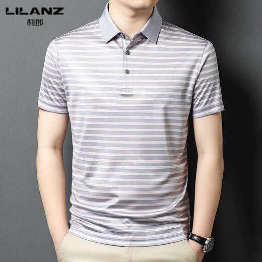 LILANZ men's summer new acetate lapel short-sleeved T-shirt for middle-aged men business casual with mulberry fashion gray M 48