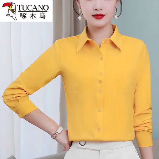 Woodpecker's new autumn office wear white shirt long-sleeved feminine slim fit solid color OL office top women's navy blue shirt black 5XL