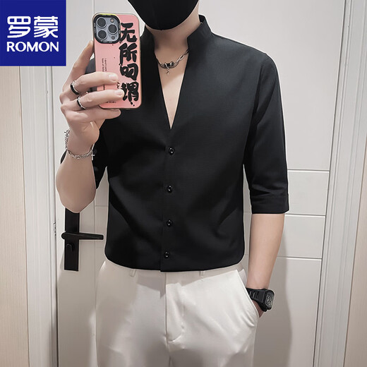 ROMON summer V-neck shirt men's short-sleeved trendy half-sleeved shirt 2026 new design trendy brand stand-up collar mid-sleeve men's clothing white XL recommended (125-135Jin Jin equals 0.5 kg)