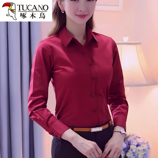 Woodpecker's new autumn office wear white shirt long-sleeved feminine slim fit solid color OL office top women's navy blue shirt black 5XL