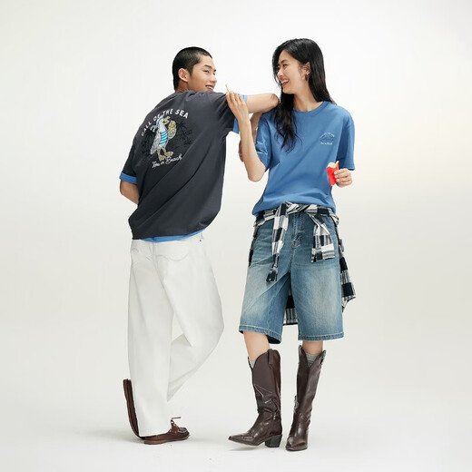 JACK&JONES Relaxed Seagull Series 26 Summer Short-Sleeved T-Shirt Men's Cotton Trendy Loose Casual Half-Sleeved Men's Clothing F40 Sunny Mountain Blue XL (185)