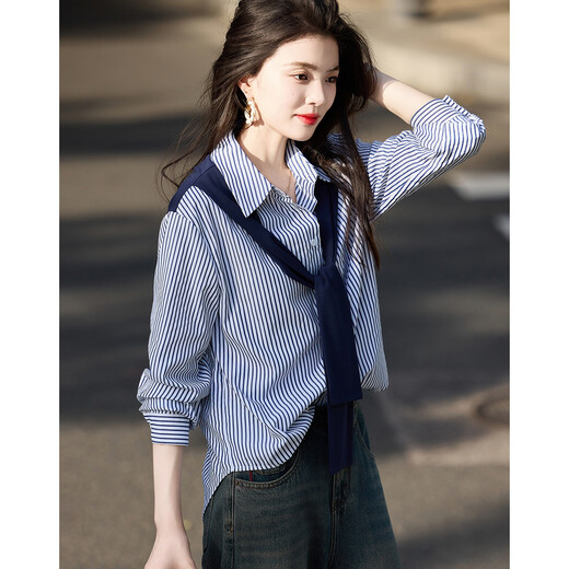 Demana shawl decorative shirt, spring and autumn lapel loose striped long-sleeved off-shoulder shirt for women