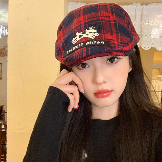 Xiaohongshu Korean style red plaid puppy forward hat for women spring and autumn all-match niche beret big head circumference red plaid M (5658cm)