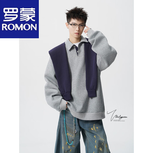 ROMON V37 American retro high street contrasting color shawl sports sweatshirt men's autumn fashion brand loose casual gray couple suit suit black M (105-120Jin Jin equals 0.5 kg)