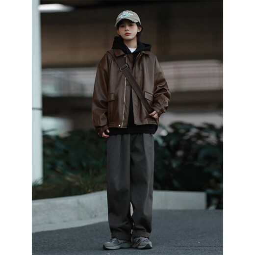 Tianqi Century Supermarket Leather Jacket American Lapel Leather Jacket Short Jacket Retro Spring and Autumn Style Men and Women Casual Brown Spring and Autumn Style S