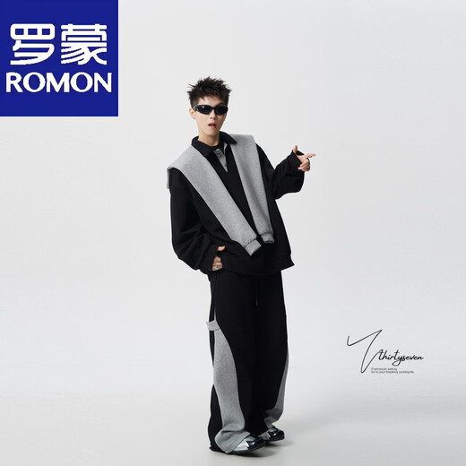 ROMON V37 American retro high street contrasting color shawl sports sweatshirt men's autumn fashion brand loose casual gray couple suit suit black M (105-120Jin Jin equals 0.5 kg)