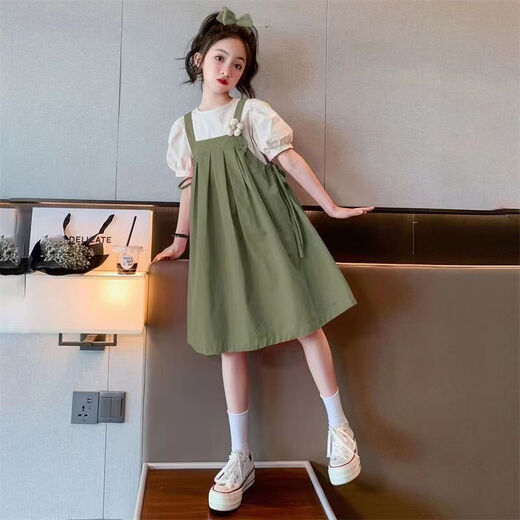 Girls summer dresses 2026 new style children's suspender skirt two-piece set fashionable girl princess dress Korean version green suit 170 cm