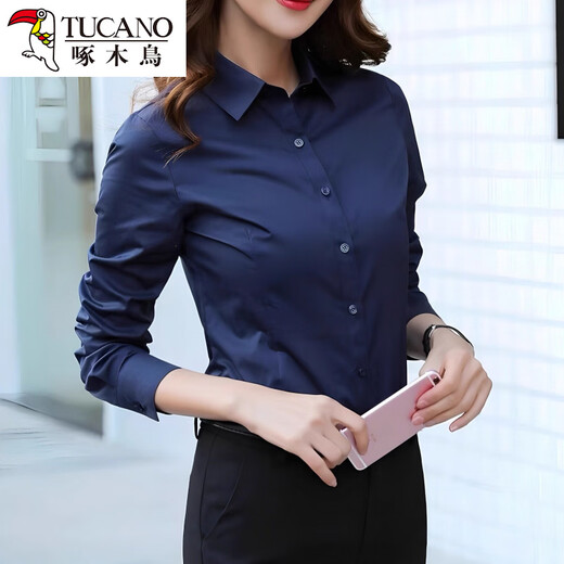 Woodpecker's new autumn office wear white shirt long-sleeved feminine slim fit solid color OL office top women's navy blue shirt black 5XL